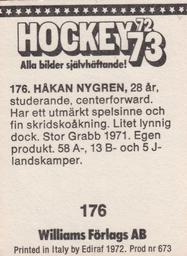 1972-73 Williams Hockey (Swedish) #176 Hakan Nygren Back