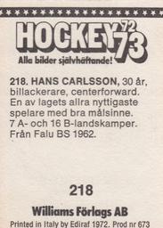 1972-73 Williams Hockey (Swedish) #218 Hans Carlsson Back