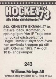1972-73 Williams Hockey (Swedish) #243 Kenneth Ekman Back
