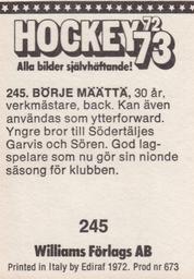 1972-73 Williams Hockey (Swedish) #245 Borje Maatta Back