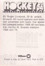 1973-74 Williams Hockey (Swedish) #50 Roger Lindqvist Back