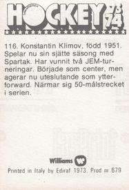 1973-74 Williams Hockey (Swedish) #116 Konstantin Klimov Back