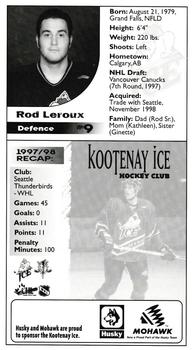 1998-99 Kootenay Ice (WHL) #8 Rod Leroux Back