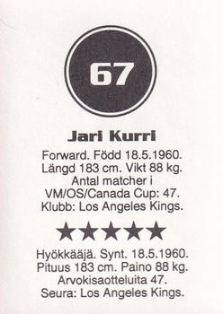 1993 Semic Hockey VM/Jaakiekon MM (Swedish/Finnish) Stickers #67 Jari Kurri Back
