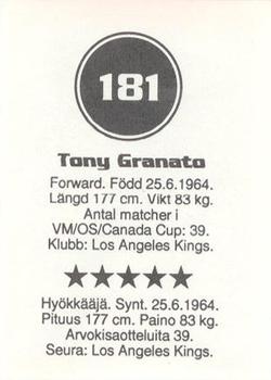 1993 Semic Hockey VM/Jaakiekon MM (Swedish/Finnish) Stickers #181 Tony Granato Back