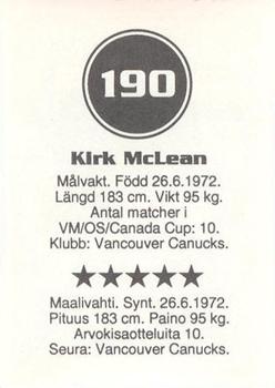 1993 Semic Hockey VM/Jaakiekon MM (Swedish/Finnish) Stickers #190 Kirk McLean Back