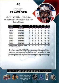2017-18 Upper Deck #40 Corey Crawford Back