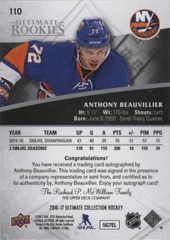 2016-17 Upper Deck Ultimate Collection - z Ultimate Rookies Autographs #110 Anthony Beauvillier Back