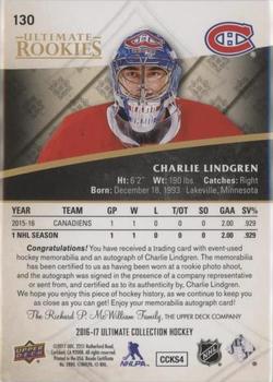 2016-17 Upper Deck Ultimate Collection - Ultimate Rookies Autograph Patch Gold #130 Charlie Lindgren Back