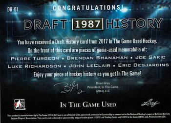 2017 Leaf In The Game Used - Draft History Relics #DH-01 Pierre Turgeon / Brendan Shanahan / Joe Sakic / Luke Richardson / John LeClair / Eric Desjardins Back