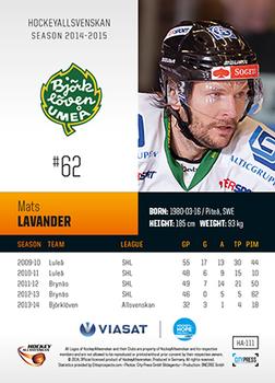 2014-15 HockeyAllsvenskan #HA-111 Mats Lavander Back