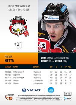 2014-15 HockeyAllsvenskan #HA-156 Henrik Hetta Back