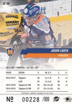 2017-18 Cardset Finland - Rookies (Series One) #RC 190 Joona Luoto Back