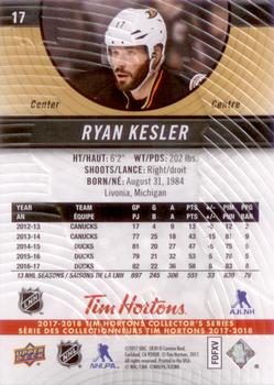 2017-18 Upper Deck Tim Hortons #17 Ryan Kesler Back