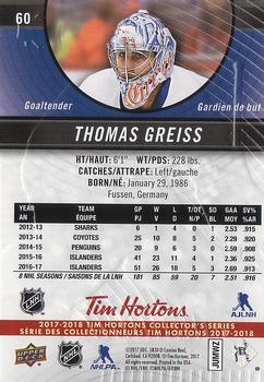 2017-18 Upper Deck Tim Hortons #60 Thomas Greiss Back