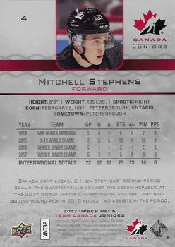 2017 Upper Deck Team Canada Juniors #4 Mitchell Stephens Back