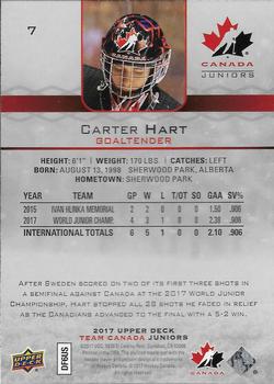 2017 Upper Deck Team Canada Juniors #7 Carter Hart Back