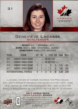2017 Upper Deck Team Canada Juniors #31 Genevieve Lacasse Back