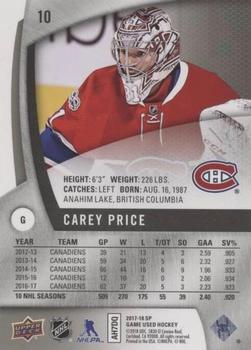 2017-18 SP Game Used #10 Carey Price Back