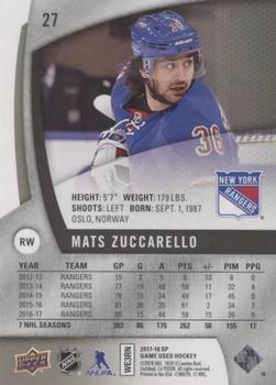 2017-18 SP Game Used #27 Mats Zuccarello Back