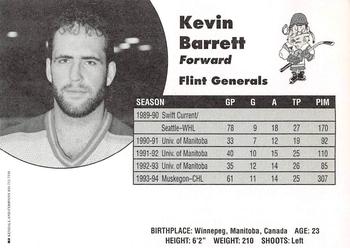 1994-95 Flint Generals (CoHL) #NNO Kevin Barrett Back