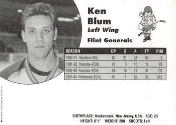 1994-95 Flint Generals (CoHL) #NNO Ken Blum Back