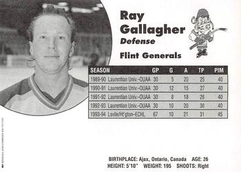 1994-95 Flint Generals (CoHL) #NNO Ray Gallagher Back