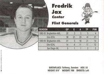 1994-95 Flint Generals (CoHL) #NNO Fredrik Jax Back