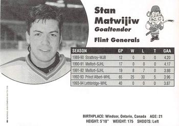 1994-95 Flint Generals (CoHL) #NNO Stan Matwijiw Back