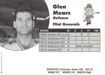 1994-95 Flint Generals (CoHL) #NNO Glen Mears Back