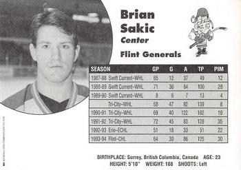 1994-95 Flint Generals (CoHL) #NNO Brian Sakic Back