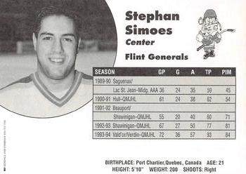1994-95 Flint Generals (CoHL) #NNO Stefan Simoes Back