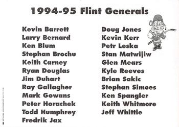 1994-95 Flint Generals (CoHL) #NNO Checklist Back