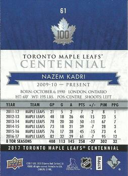 2017 Upper Deck Toronto Maple Leafs Centennial #61 Nazem Kadri Back