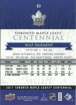 2017 Upper Deck Toronto Maple Leafs Centennial #63 Wilf Paiement Back