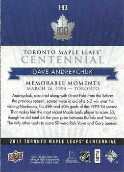 2017 Upper Deck Toronto Maple Leafs Centennial #193 Dave Andreychuk Back