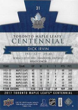2017 Upper Deck Toronto Maple Leafs Centennial - Blue Die Cut #31 Dick Irvin Back