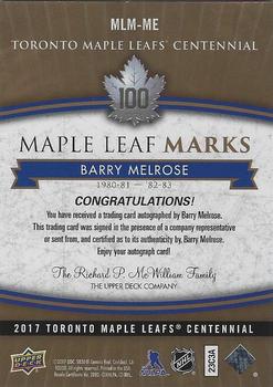 2017 Upper Deck Toronto Maple Leafs Centennial - Maple Leaf Marks #MLM-ME Barry Melrose Back
