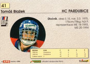 1994-95 APS Extraliga (Czech) #41 Tomas Blazek Back
