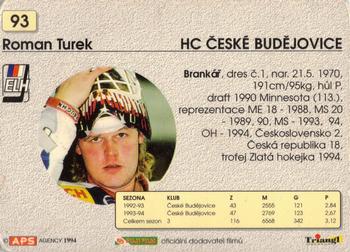 1994-95 APS Extraliga (Czech) #93 Roman Turek Back