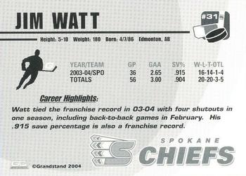 2004-05 Grandstand Spokane Chiefs (WHL) #NNO Jim Watt Back