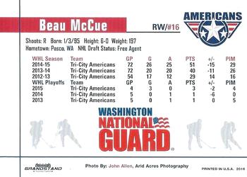 2015-16 Grandstand Tri-City Americans (WHL) #NNO Beau McCue Back