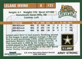 2007-08 Grandstand Everett Silvertips (WHL) #15 Leland Irving Back