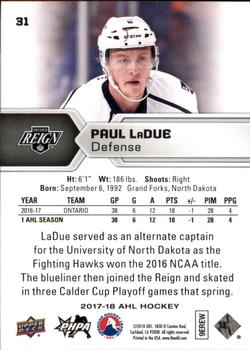 2017-18 Upper Deck AHL #31 Paul LaDue Back