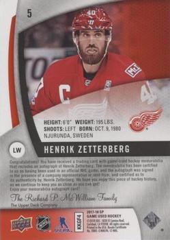 2017-18 SP Game Used - Red Autographed Jerseys #5 Henrik Zetterberg Back