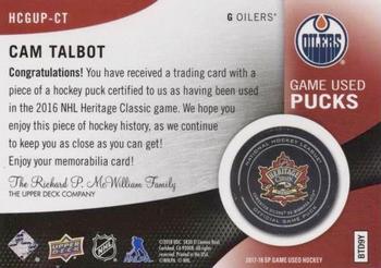 2017-18 SP Game Used - 2016 NHL Heritage Classic Game Used Pucks #HCGUP-CT Cam Talbot Back