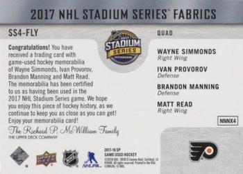 2017-18 SP Game Used - 2017 NHL Stadium Series Fabrics Quad #SS4-FLY Wayne Simmonds / Brandon Manning / Ivan Provorov / Matt Read Back