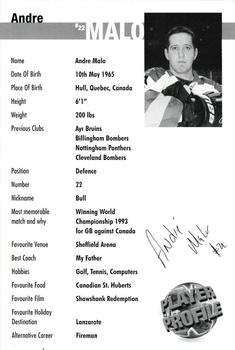 1999-00 Sheffield Steelers (BISL) #13 Andre Malo Back
