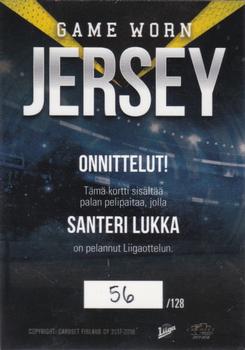 2017-18 Cardset Finland - Game Worn Jersey Exchange (Series Two) #NNO Santeri Lukka Back