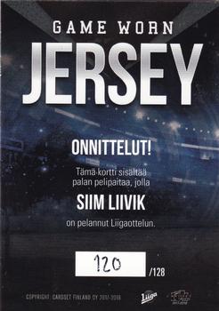 2017-18 Cardset Finland - Game Worn Jersey Exchange (Series Two) #NNO Siim Liivik Back